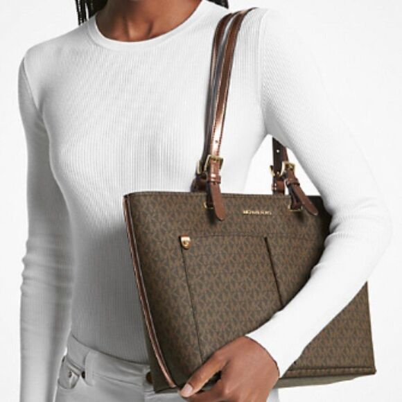MK Jet Set Tote Bag Canvas Signature Logo All Over Print Front Pockets - Picture 4 of 5